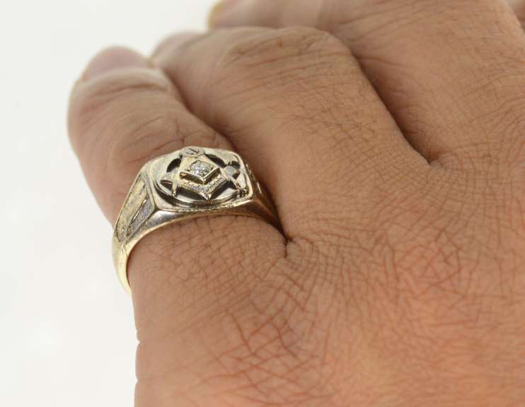 10K Yellow Gold Men's Ornate Masonic Diamond Compass Square Ring