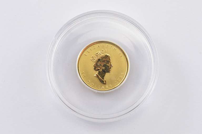 2001 Canada 10 Dollars 1/4 Oz Fine Gold Maple Leaf Hologram Coin - Box