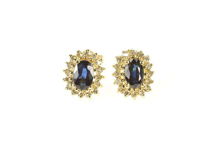10K Yellow Gold Diamond Halo Oval Natural Sapphire Stud Earrings