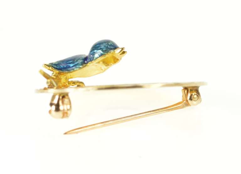 14K Yellow Gold Enamel Bird Robin Retro Circle Statement Pin/Brooch