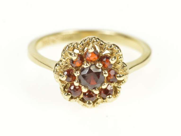 10K Yellow Gold Ornate Garnet Round Cluster Halo Cocktail Ring