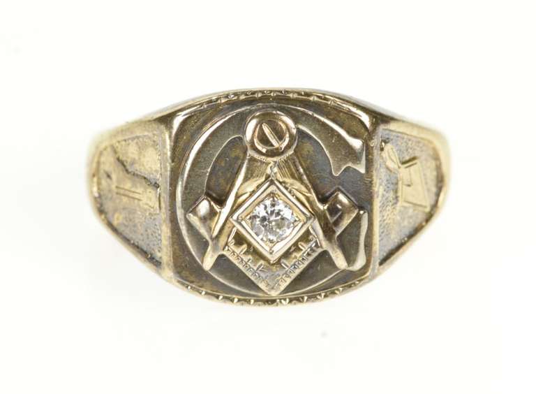 10K Yellow Gold Men's Ornate Masonic Diamond Compass Square Ring