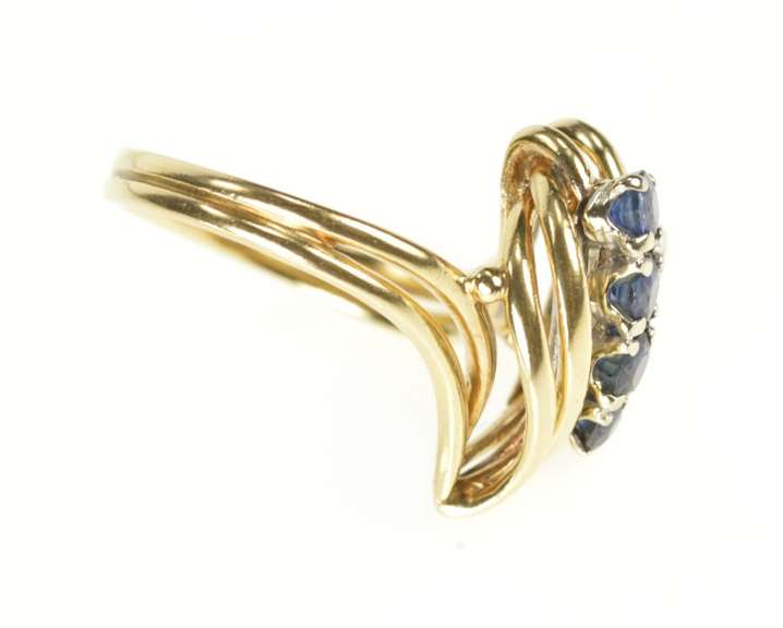 14K Yellow Gold Retro Sapphire Diamond Wavy Leaf Cocktail Ring