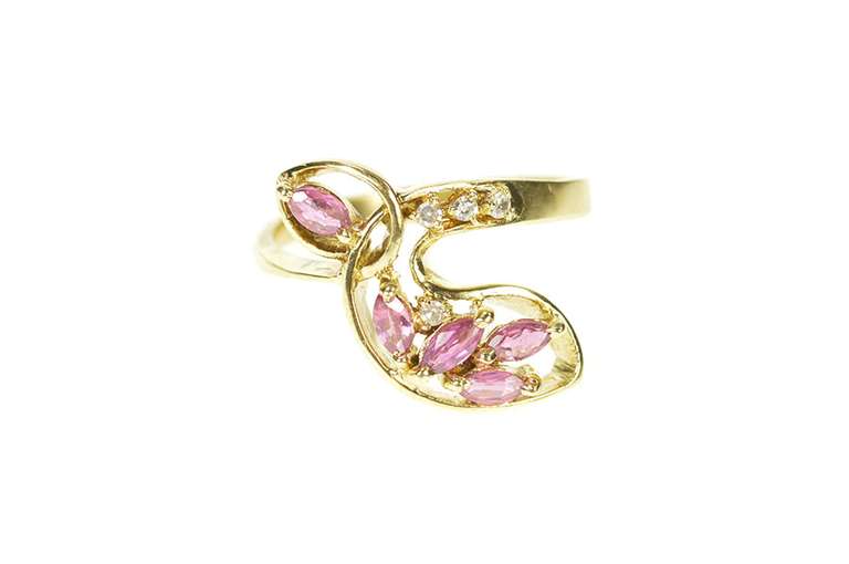 14K Yellow Gold Pink Sapphire Diamond Freeform Retro Cluster Ring