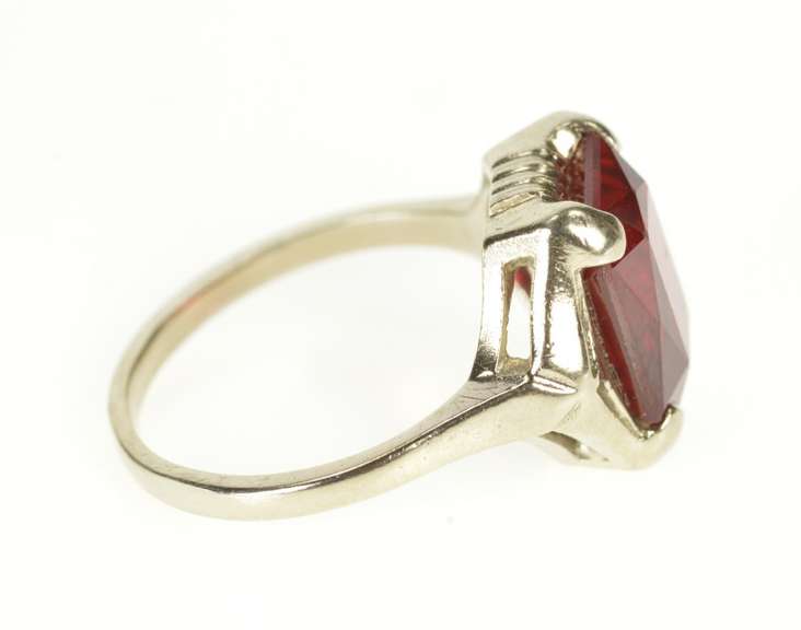 10K White Gold Brilliant Syn. Ruby Solitaire Cocktail Statement Ring