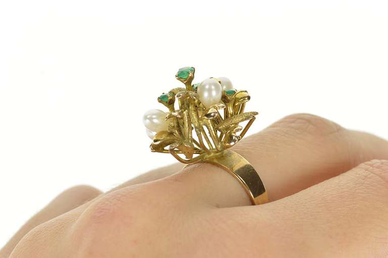 14K Yellow Gold 1960's Pearl Emerald Leaf Cluster Cocktail Ring