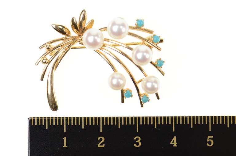 14K Yellow Gold Retro 1950's Pearl Turquoise Floral Bouquet Pin/Brooch