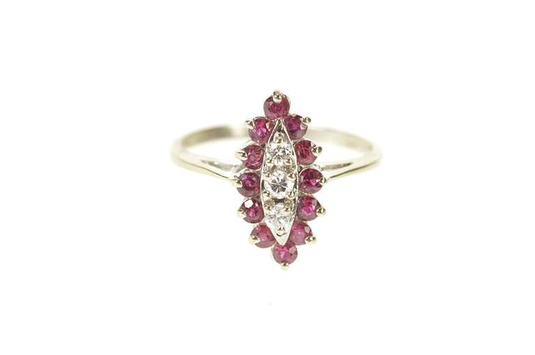 14K Yellow Gold 1960's Retro Diamond Ruby Halo Engagement Ring