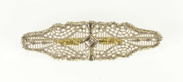 10K White Gold Art Deco Diamond Filigree Two Tone Leaf Pin/Brooch