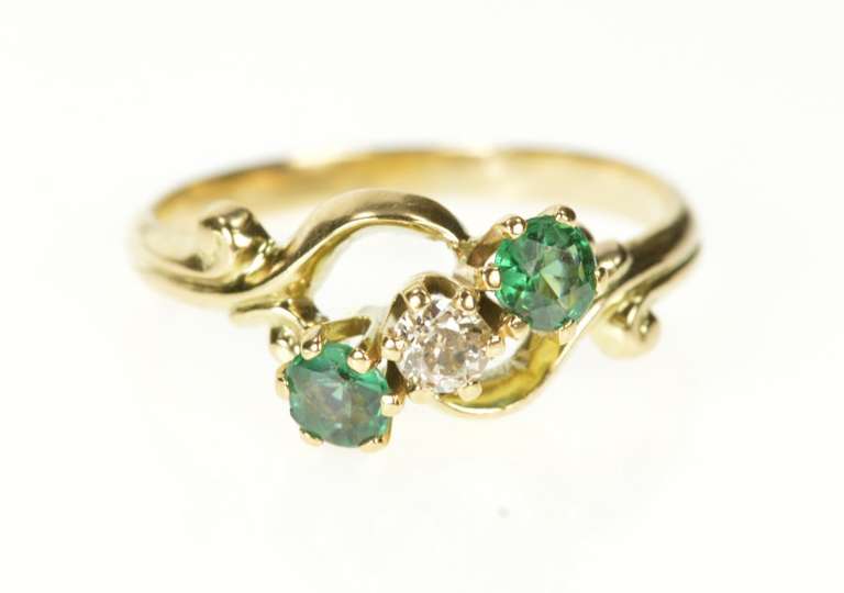 14K Yellow Gold Diamond Syn. Emerald Ornate Retro Bypass Ring