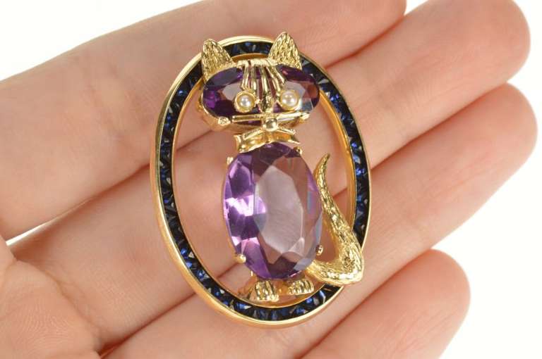 14K Yellow Gold Retro Amethyst Sapphire Pearl Cat Kitty Pin/Brooch