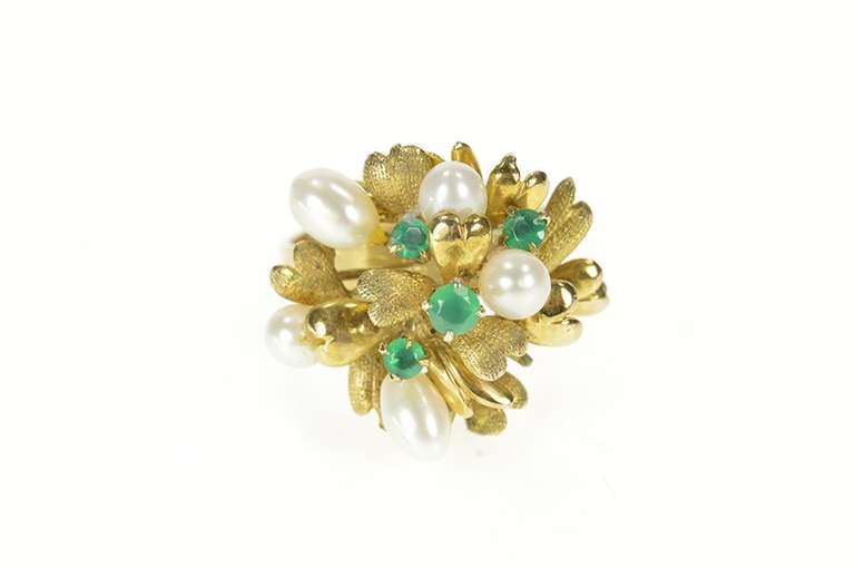 14K Yellow Gold 1960's Pearl Emerald Leaf Cluster Cocktail Ring