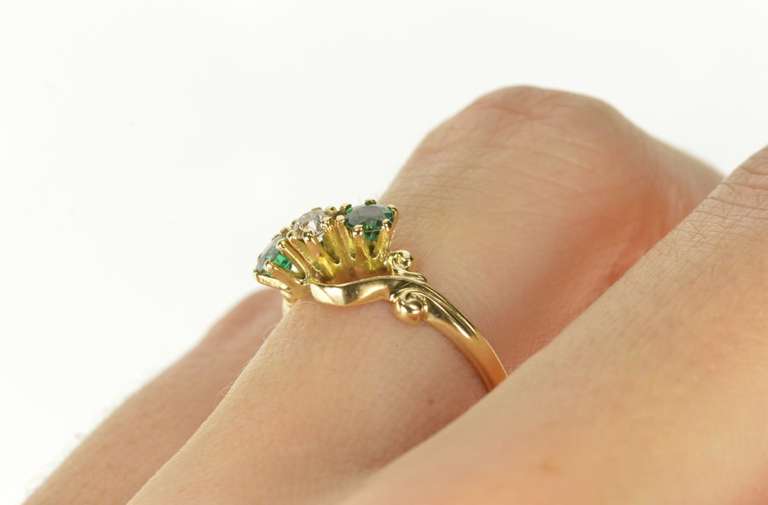 14K Yellow Gold Diamond Syn. Emerald Ornate Retro Bypass Ring