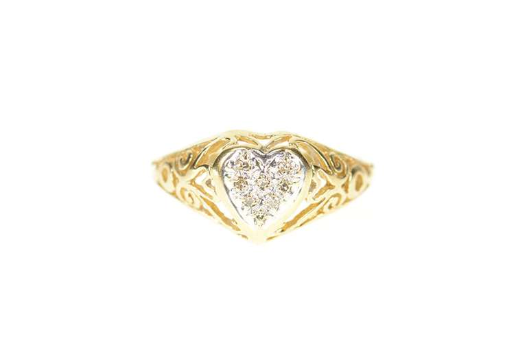 10K Yellow Gold Diamond Inset Heart Love Symbol Retro Ring