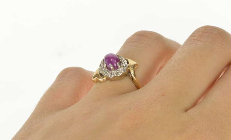 14K Yellow Gold Retro Star Ruby Diamond Halo Bypass Ring