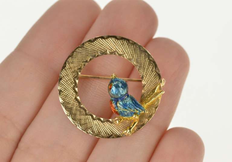 14K Yellow Gold Enamel Bird Robin Retro Circle Statement Pin/Brooch