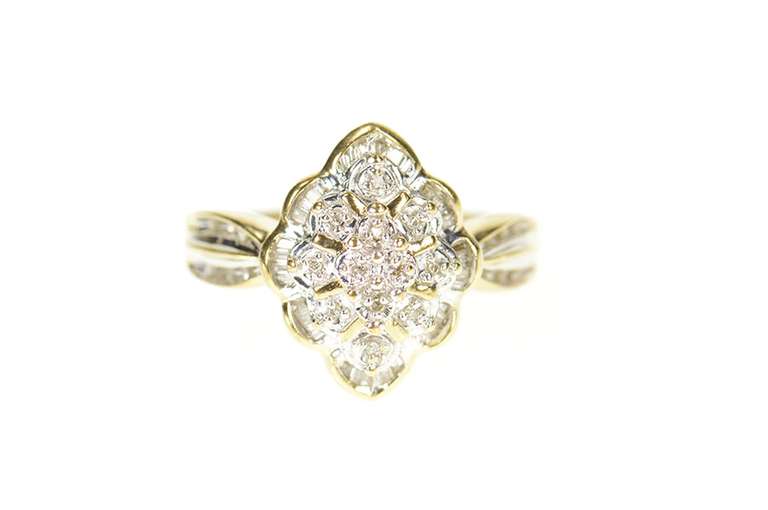10K Yellow Gold Scalloped Baguette Diamond Cluster Statement Ring