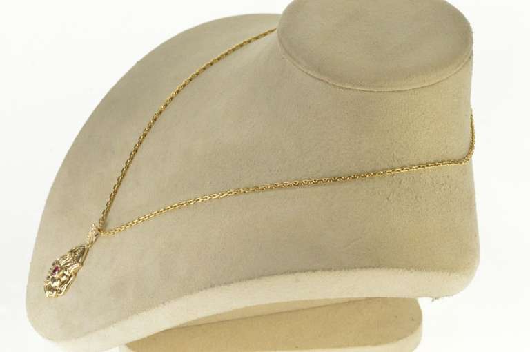 10K Yellow Gold Retro Ornate Floral Motif Syn. Ruby Statement Pendant