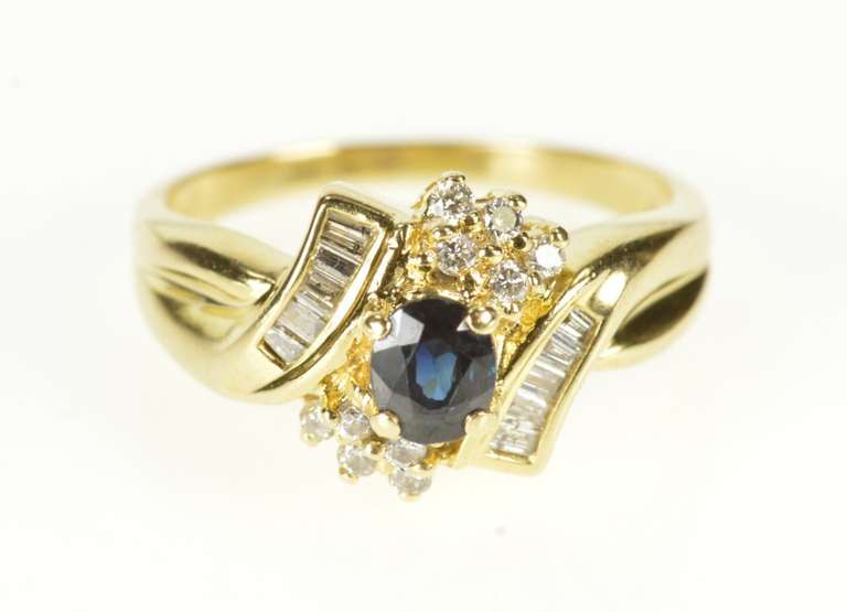 14K Yellow Gold Sapphire Diamond Halo Bypass Engagement Ring