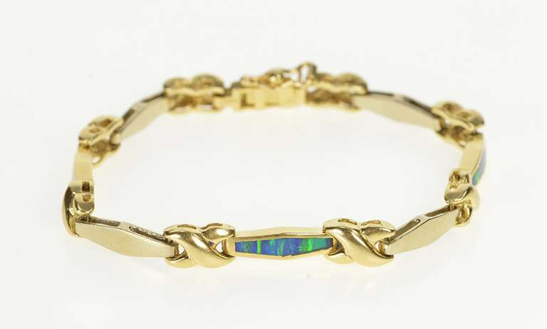 14K Yellow Gold Black Opal Inlay Two Tone X Criss Cross Bracelet