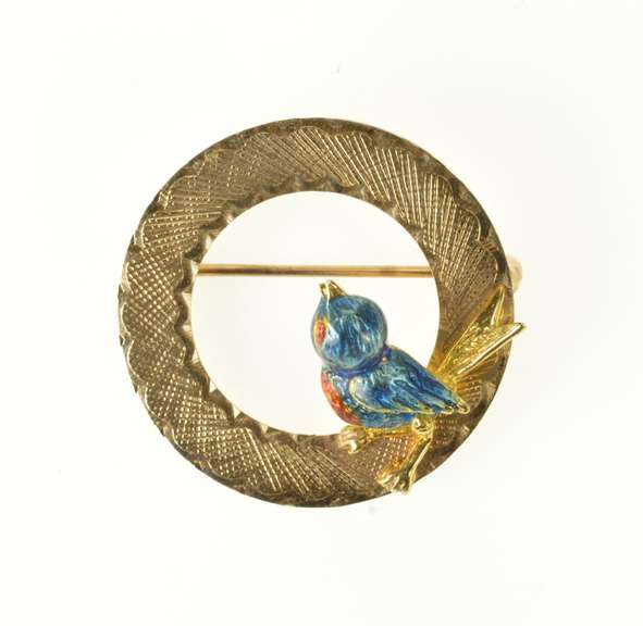 14K Yellow Gold Enamel Bird Robin Retro Circle Statement Pin/Brooch