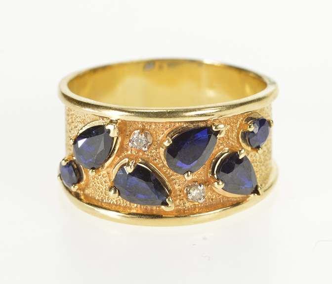 14K Yellow Gold 2.05 Ctw Pear Sapphire Diamond Ornate Band Ring