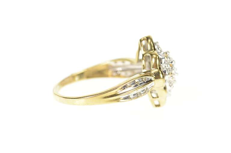 10K Yellow Gold Scalloped Baguette Diamond Cluster Statement Ring