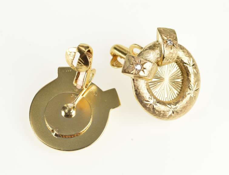 14K Yellow Gold Diamond Retro Pattern Textured Wreath Clip Earrings