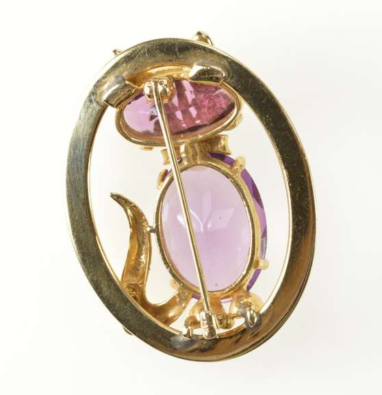 14K Yellow Gold Retro Amethyst Sapphire Pearl Cat Kitty Pin/Brooch