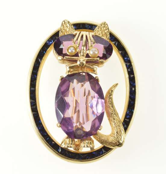 14K Yellow Gold Retro Amethyst Sapphire Pearl Cat Kitty Pin/Brooch