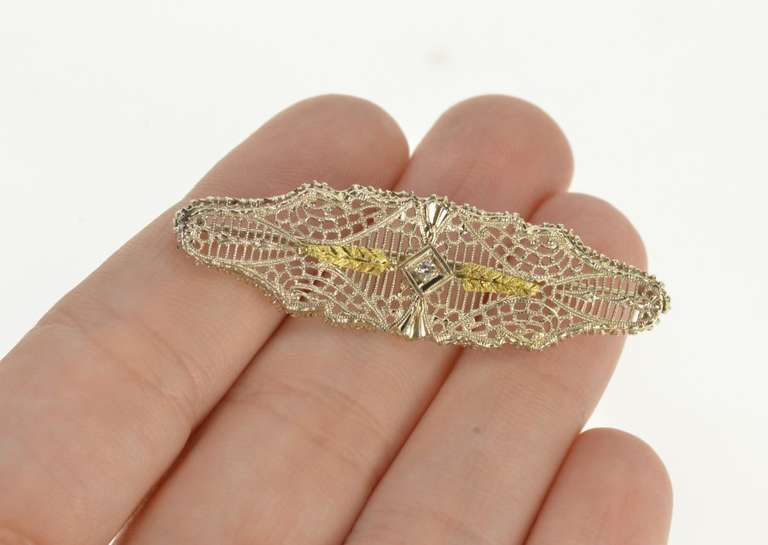 10K White Gold Art Deco Diamond Filigree Two Tone Leaf Pin/Brooch