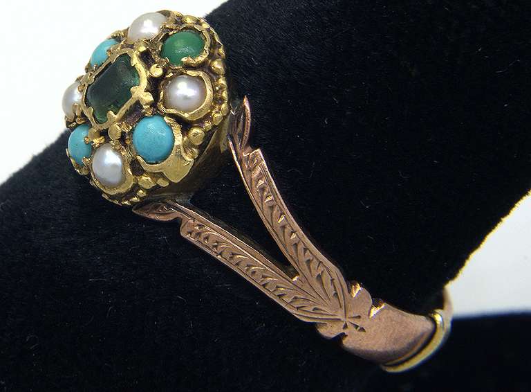 Old English Emerald, Turquoise, & Pearl Accent Ring