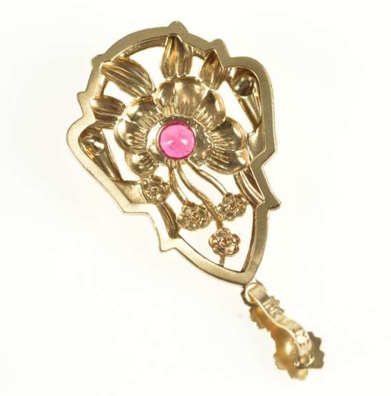 10K Yellow Gold Retro Ornate Floral Motif Syn. Ruby Statement Pendant