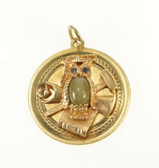 14K Yellow Gold Retro Owl Tiger's Eye Scholar Wisdom Charm/Pendant