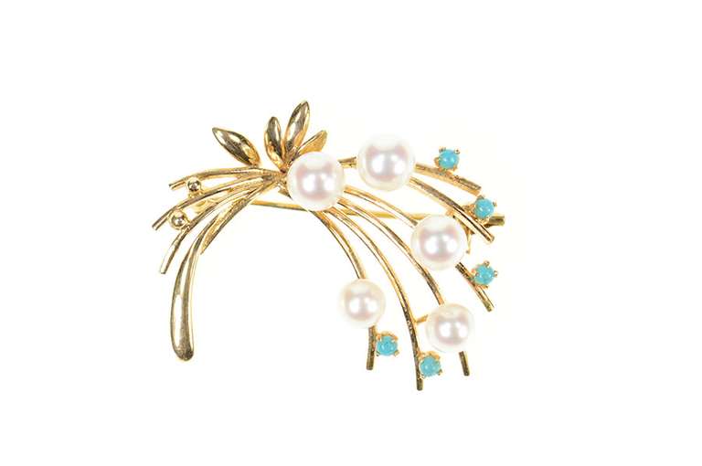 14K Yellow Gold Retro 1950's Pearl Turquoise Floral Bouquet Pin/Brooch