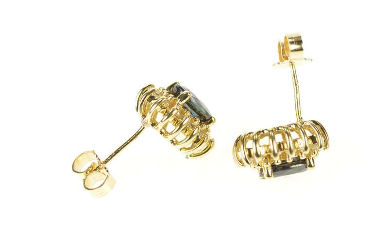 10K Yellow Gold Diamond Halo Oval Natural Sapphire Stud Earrings