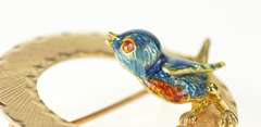 14K Yellow Gold Enamel Bird Robin Retro Circle Statement Pin/Brooch