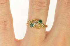 14K Yellow Gold Diamond Syn. Emerald Ornate Retro Bypass Ring