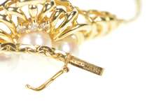 14K Yellow Gold Ornate Pearl Diamond Scrollwork Statement Necklace