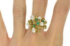 14K Yellow Gold 1960's Pearl Emerald Leaf Cluster Cocktail Ring
