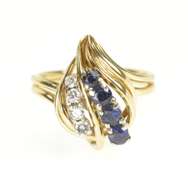 14K Yellow Gold Retro Sapphire Diamond Wavy Leaf Cocktail Ring
