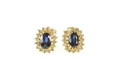 10K Yellow Gold Diamond Halo Oval Natural Sapphire Stud Earrings