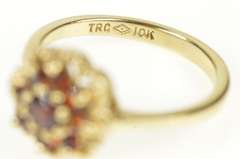 10K Yellow Gold Ornate Garnet Round Cluster Halo Cocktail Ring