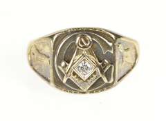 10K Yellow Gold Men's Ornate Masonic Diamond Compass Square Ring