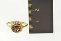 10K Yellow Gold Ornate Garnet Round Cluster Halo Cocktail Ring