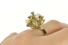 14K Yellow Gold 1960's Pearl Emerald Leaf Cluster Cocktail Ring