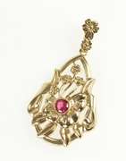 10K Yellow Gold Retro Ornate Floral Motif Syn. Ruby Statement Pendant
