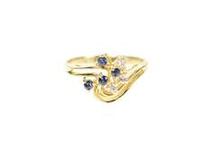 14K Yellow Gold Sapphire Diamond Cluster Wavy Bypass Ring