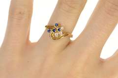 14K Yellow Gold Sapphire Diamond Cluster Wavy Bypass Ring