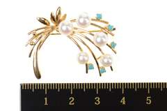 14K Yellow Gold Retro 1950's Pearl Turquoise Floral Bouquet Pin/Brooch